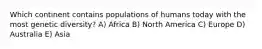 Which continent contains populations of humans today with the most genetic diversity? A) Africa B) North America C) Europe D) Australia E) Asia