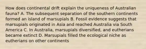 How does continental drift explain the uniqueness of Australian fauna? A. The subsequent separation of the southern continents formed an island of marsupials B. Fossil evidence suggests that marsupials originated in Asia and reached Australia via South America C. In Australia, marsupials diversified, and eutherians became extinct D. Marsupials filled the ecological niche as eutherians on other continents