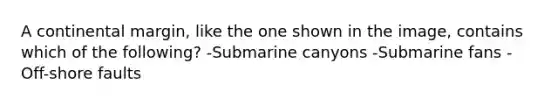 A continental margin, like the one shown in the image, contains which of the following? -Submarine canyons -Submarine fans -Off-shore faults