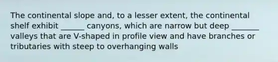 The continental slope and, to a lesser extent, the continental shelf exhibit ______ canyons, which are narrow but deep _______ valleys that are V-shaped in profile view and have branches or tributaries with steep to overhanging walls