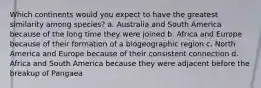 Which continents would you expect to have the greatest similarity among species? a. Australia and South America because of the long time they were joined b. Africa and Europe because of their formation of a biogeographic region c. North America and Europe because of their consistent connection d. Africa and South America because they were adjacent before the breakup of Pangaea