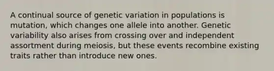 A continual source of genetic variation in populations is mutation, which changes one allele into another. Genetic variability also arises from crossing over and independent assortment during meiosis, but these events recombine existing traits rather than introduce new ones.