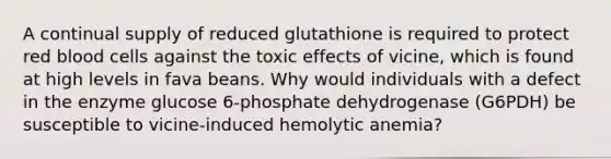 A continual supply of reduced glutathione is required to protect red blood cells against the toxic effects of vicine, which is found at high levels in fava beans. Why would individuals with a defect in the enzyme glucose 6-phosphate dehydrogenase (G6PDH) be susceptible to vicine-induced hemolytic anemia?