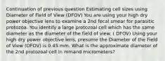 Continuation of previous question Estimating cell sizes using Diameter of Field of View (DFOV) You are using your high dry power objective lens to examine a 2nd fecal smear for parasitic protozoa. You identify a large protozoal cell which has the same diameter as the diameter of the field of view. ( DFOV) Using your high dry power objective lens, presume the Diameter of the Field of View (DFOV) is 0.45 mm. What is the approximate diameter of the 2nd protozoal cell in mmand micrometers?