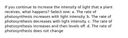 If you continue to increase the intensity of light that a plant receives, what happens? Select one: a. The rate of photosynthesis increases with light intensity. b. The rate of photosynthesis decreases with light intensity. c. The rate of photosynthesis increases and then levels off. d. The rate of photosynthesis does not change