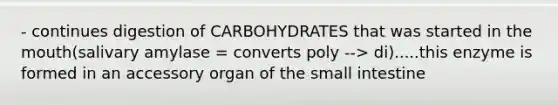 - continues digestion of CARBOHYDRATES that was started in <a href='https://www.questionai.com/knowledge/krBoWYDU6j-the-mouth' class='anchor-knowledge'>the mouth</a>(salivary amylase = converts poly --> di).....this enzyme is formed in an accessory organ of <a href='https://www.questionai.com/knowledge/kt623fh5xn-the-small-intestine' class='anchor-knowledge'>the small intestine</a>