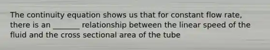 The continuity equation shows us that for constant flow rate, there is an _______ relationship between the linear speed of the fluid and the cross sectional area of the tube