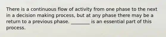 There is a continuous flow of activity from one phase to the next in a decision making process, but at any phase there may be a return to a previous phase. ________ is an essential part of this process.