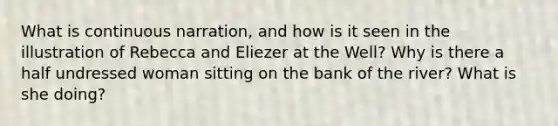 What is continuous narration, and how is it seen in the illustration of Rebecca and Eliezer at the Well? Why is there a half undressed woman sitting on the bank of the river? What is she doing?