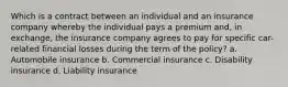 Which is a contract between an individual and an insurance company whereby the individual pays a premium and, in exchange, the insurance company agrees to pay for specific car-related financial losses during the term of the policy? a. Automobile insurance b. Commercial insurance c. Disability insurance d. Liability insurance