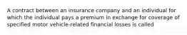 A contract between an insurance company and an individual for which the individual pays a premium in exchange for coverage of specified motor vehicle-related financial losses is called