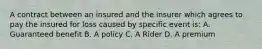 A contract between an insured and the insurer which agrees to pay the insured for loss caused by specific event is: A. Guaranteed benefit B. A policy C. A Rider D. A premium