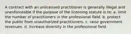 A contract with an unlicensed practitioner is generally illegal and unenforceable if the purpose of the licensing statute is to: a. limit the number of practitioners in the professional field. b. protect the public from unauthorized practitioners. c. raise government revenues. d. increase diversity in the professional field.