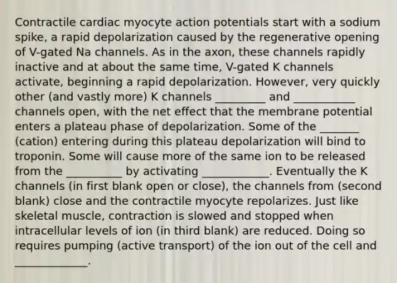 Contractile cardiac myocyte action potentials start with a sodium spike, a rapid depolarization caused by the regenerative opening of V-gated Na channels. As in the axon, these channels rapidly inactive and at about the same time, V-gated K channels activate, beginning a rapid depolarization. However, very quickly other (and vastly more) K channels _________ and ___________ channels open, with the net effect that the membrane potential enters a plateau phase of depolarization. Some of the _______ (cation) entering during this plateau depolarization will bind to troponin. Some will cause more of the same ion to be released from the __________ by activating ____________. Eventually the K channels (in first blank open or close), the channels from (second blank) close and the contractile myocyte repolarizes. Just like skeletal muscle, contraction is slowed and stopped when intracellular levels of ion (in third blank) are reduced. Doing so requires pumping (active transport) of the ion out of the cell and _____________.