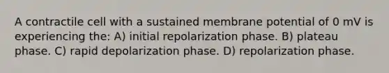 A contractile cell with a sustained membrane potential of 0 mV is experiencing the: A) initial repolarization phase. B) plateau phase. C) rapid depolarization phase. D) repolarization phase.