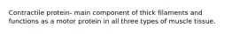 Contractile protein- main component of thick filaments and functions as a motor protein in all three types of muscle tissue.