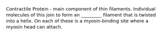 Contractile Protein - main component of thin filaments. Individual molecules of this join to form an _________ filament that is twisted into a helix. On each of these is a myosin-binding site where a myosin head can attach.