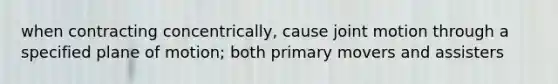 when contracting concentrically, cause joint motion through a specified plane of motion; both primary movers and assisters