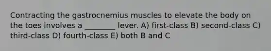 Contracting the gastrocnemius muscles to elevate the body on the toes involves a ________ lever. A) first-class B) second-class C) third-class D) fourth-class E) both B and C