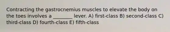 Contracting the gastrocnemius muscles to elevate the body on the toes involves a ________ lever. A) first-class B) second-class C) third-class D) fourth-class E) fifth-class