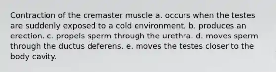 Contraction of the cremaster muscle a. occurs when the testes are suddenly exposed to a cold environment. b. produces an erection. c. propels sperm through the urethra. d. moves sperm through the ductus deferens. e. moves the testes closer to the body cavity.