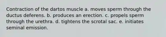 Contraction of the dartos muscle a. moves sperm through the ductus deferens. b. produces an erection. c. propels sperm through the urethra. d. tightens the scrotal sac. e. initiates seminal emission.