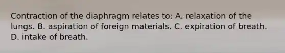 Contraction of the diaphragm relates​ to: A. relaxation of the lungs. B. aspiration of foreign materials. C. expiration of breath. D. intake of breath.
