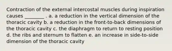 Contraction of the external intercostal muscles during inspiration causes ________ . a. a reduction in the vertical dimension of the thoracic cavity b. a reduction in the front-to-back dimensions of the thoracic cavity c. the diaphragm to return to resting position d. the ribs and sternum to flatten e. an increase in side-to-side dimension of the thoracic cavity