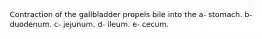 Contraction of the gallbladder propels bile into the a- stomach. b- duodenum. c- jejunum. d- ileum. e- cecum.