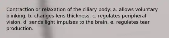 Contraction or relaxation of the ciliary body: a. allows voluntary blinking. b. changes lens thickness. c. regulates peripheral vision. d. sends light impulses to the brain. e. regulates tear production.