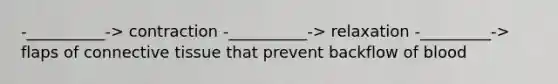 -__________-> contraction -__________-> relaxation -_________-> flaps of connective tissue that prevent backflow of blood