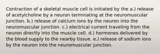 Contraction of a skeletal muscle cell is initiated by the a.) release of acetylcholine by a neuron terminating at the neuromuscular junction. b.) release of calcium ions by the neuron into the neuromuscular junction. c.) electrical current traveling from the neuron directly into the muscle cell. d.) hormones delivered by the blood supply to the nearby tissue. e.) release of sodium ions by the neuron into the neuromuscular junction.