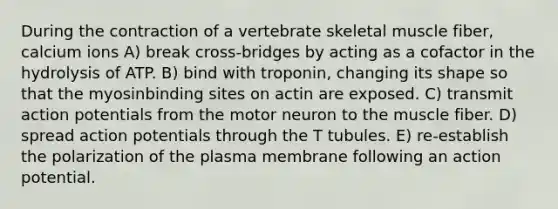 During the contraction of a vertebrate skeletal muscle fiber, calcium ions A) break cross-bridges by acting as a cofactor in the hydrolysis of ATP. B) bind with troponin, changing its shape so that the myosinbinding sites on actin are exposed. C) transmit action potentials from the motor neuron to the muscle fiber. D) spread action potentials through the T tubules. E) re-establish the polarization of the plasma membrane following an action potential.