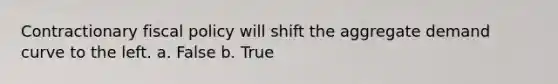 Contractionary fiscal policy will shift the aggregate demand curve to the left. a. False b. True