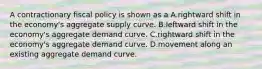 A contractionary fiscal policy is shown as a A.rightward shift in the economy's aggregate supply curve. B.leftward shift in the economy's aggregate demand curve. C.rightward shift in the economy's aggregate demand curve. D.movement along an existing aggregate demand curve.