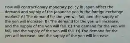 How will contractionary monetary policy in Japan affect the demand and supply of the Japanese yen in the foreign exchange market? A) The demand for the yen will fall, and the supply of the yen will increase. B) The demand for the yen will increase, and the supply of the yen will fall. C) The demand for the yen will fall, and the supply of the yen will fall. D) The demand for the yen will increase, and the supply of the yen will increase