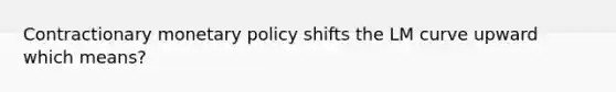 Contractionary monetary policy shifts the LM curve upward which means?