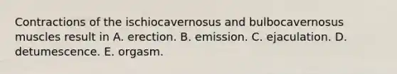 Contractions of the ischiocavernosus and bulbocavernosus muscles result in A. erection. B. emission. C. ejaculation. D. detumescence. E. orgasm.