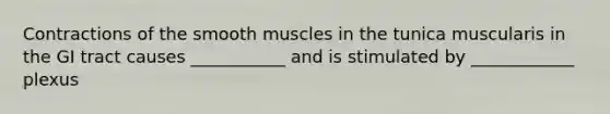 Contractions of the smooth muscles in the tunica muscularis in the GI tract causes ___________ and is stimulated by ____________ plexus