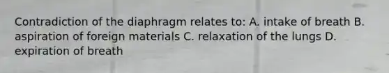 Contradiction of the diaphragm relates to: A. intake of breath B. aspiration of foreign materials C. relaxation of the lungs D. expiration of breath