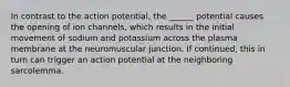 In contrast to the action potential, the ______ potential causes the opening of ion channels, which results in the initial movement of sodium and potassium across the plasma membrane at the neuromuscular junction. If continued, this in turn can trigger an action potential at the neighboring sarcolemma.