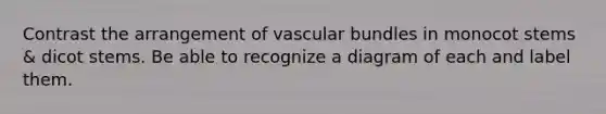 Contrast the arrangement of vascular bundles in monocot stems & dicot stems. Be able to recognize a diagram of each and label them.