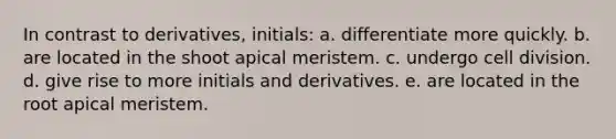 In contrast to derivatives, initials: a. differentiate more quickly. b. are located in the shoot apical meristem. c. undergo cell division. d. give rise to more initials and derivatives. e. are located in the root apical meristem.