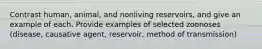 Contrast human, animal, and nonliving reservoirs, and give an example of each. Provide examples of selected zoonoses (disease, causative agent, reservoir, method of transmission)