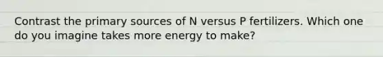 Contrast the primary sources of N versus P fertilizers. Which one do you imagine takes more energy to make?