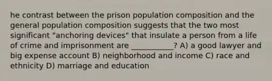 he contrast between the prison population composition and the general population composition suggests that the two most significant "anchoring devices" that insulate a person from a life of crime and imprisonment are ___________? A) a good lawyer and big expense account B) neighborhood and income C) race and ethnicity D) marriage and education