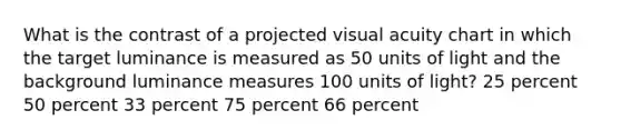 What is the contrast of a projected visual acuity chart in which the target luminance is measured as 50 units of light and the background luminance measures 100 units of light? 25 percent 50 percent 33 percent 75 percent 66 percent