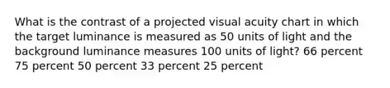 What is the contrast of a projected visual acuity chart in which the target luminance is measured as 50 units of light and the background luminance measures 100 units of light? 66 percent 75 percent 50 percent 33 percent 25 percent