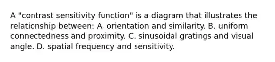 A "contrast sensitivity function" is a diagram that illustrates the relationship between: A. orientation and similarity. B. uniform connectedness and proximity. C. sinusoidal gratings and visual angle. D. spatial frequency and sensitivity.