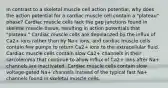 In contrast to a skeletal muscle cell action potential, why does the action potential for a cardiac muscle cell contain a "plateau" phase? Cardiac muscle cells lack the gap junctions found in skeletal muscle tissue, resulting in action potentials that "plateau." Cardiac muscle cells are depolarized by the influx of Ca2+ ions rather than by Na+ ions, and cardiac muscle cells contain few pumps to return Ca2+ ions to the extracellular fluid. Cardiac muscle cells contain slow Ca2+ channels in their sarcolemma that continue to allow influx of Ca2+ ions after Na+ channels are inactivated. Cardiac muscle cells contain slow voltage-gated Na+ channels instead of the typical fast Na+ channels found in skeletal muscle cells.